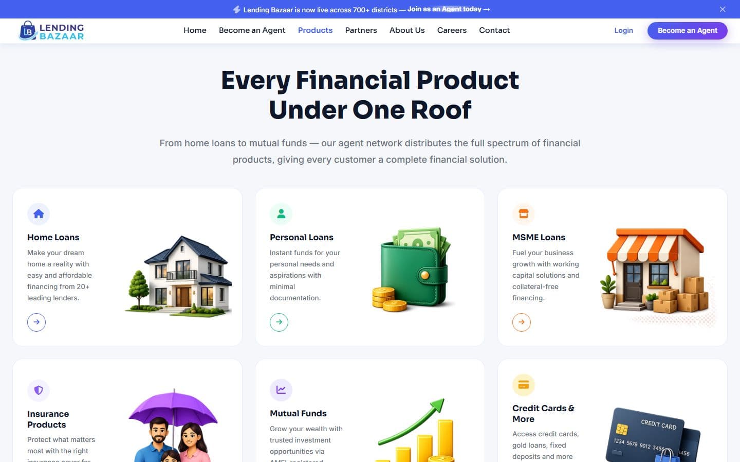 The products section with the heading Every Financial Product Under One Roof and cards for home loans, personal loans and business loans, with illustrations of a house, a wallet and a shop, and the start of cards for insurance, mutual funds and credit cards