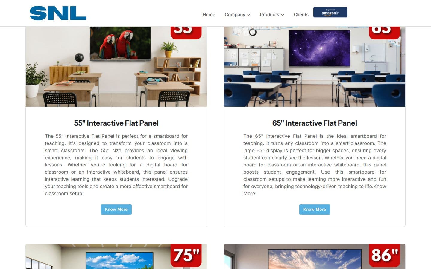 Version 1 flat panel page: each size is a card with a Know More button