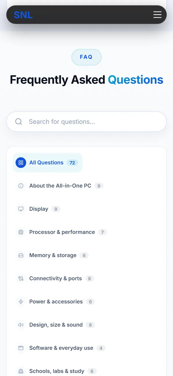 The all-in-one PC question list on a phone, with a search box and category chips
