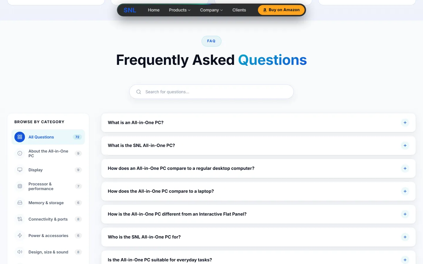 The all-in-one PC page question list with a search box, a category sidebar and a list of questions