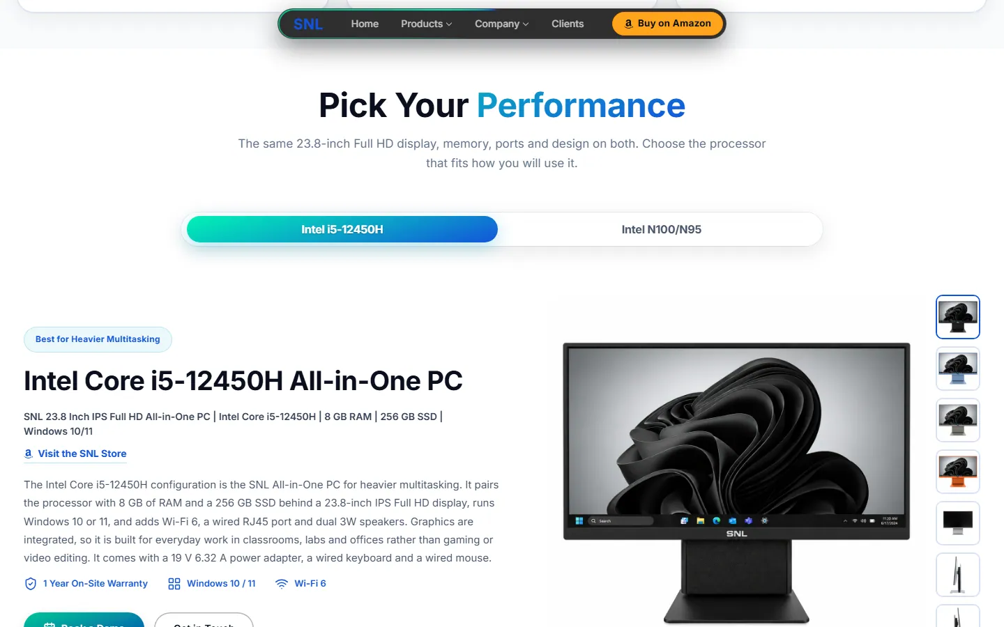The all-in-one PC page with a two-tab processor picker and the Intel Core i5 model shown with its specs line and photos
