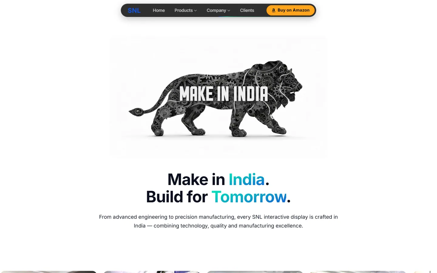 The manufacturing facility page with a Make in India mark and the headline “Make in India. Build for Tomorrow.”