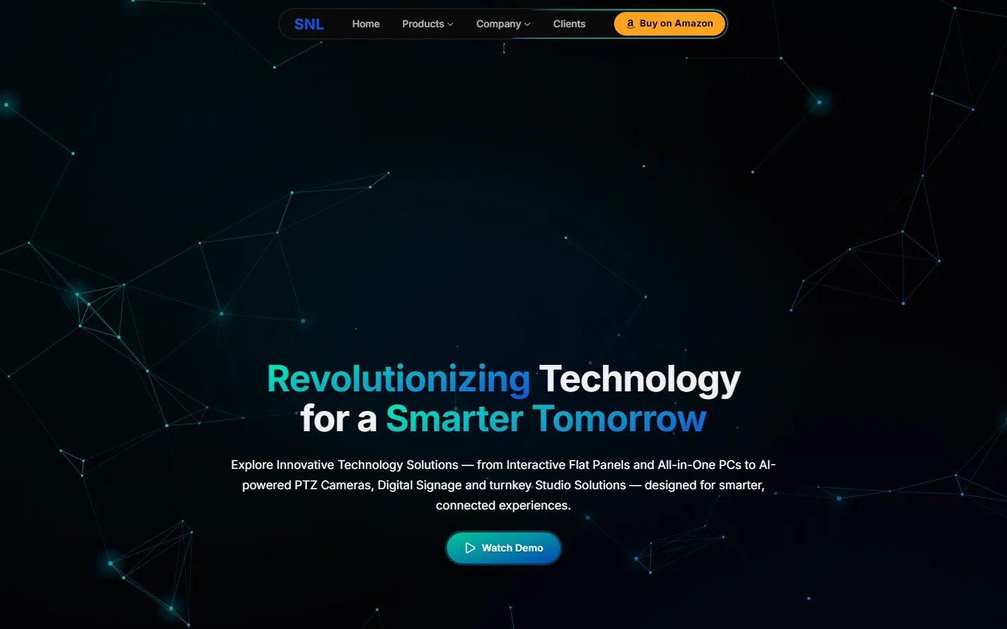 The Version 2 home page: a dark top section with the headline “Revolutionizing Technology for a Smarter Tomorrow” and a Watch Demo button
