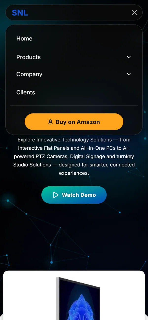 The phone menu drawer open over the home page, listing Home, Products, Company and Clients and a Buy on Amazon button