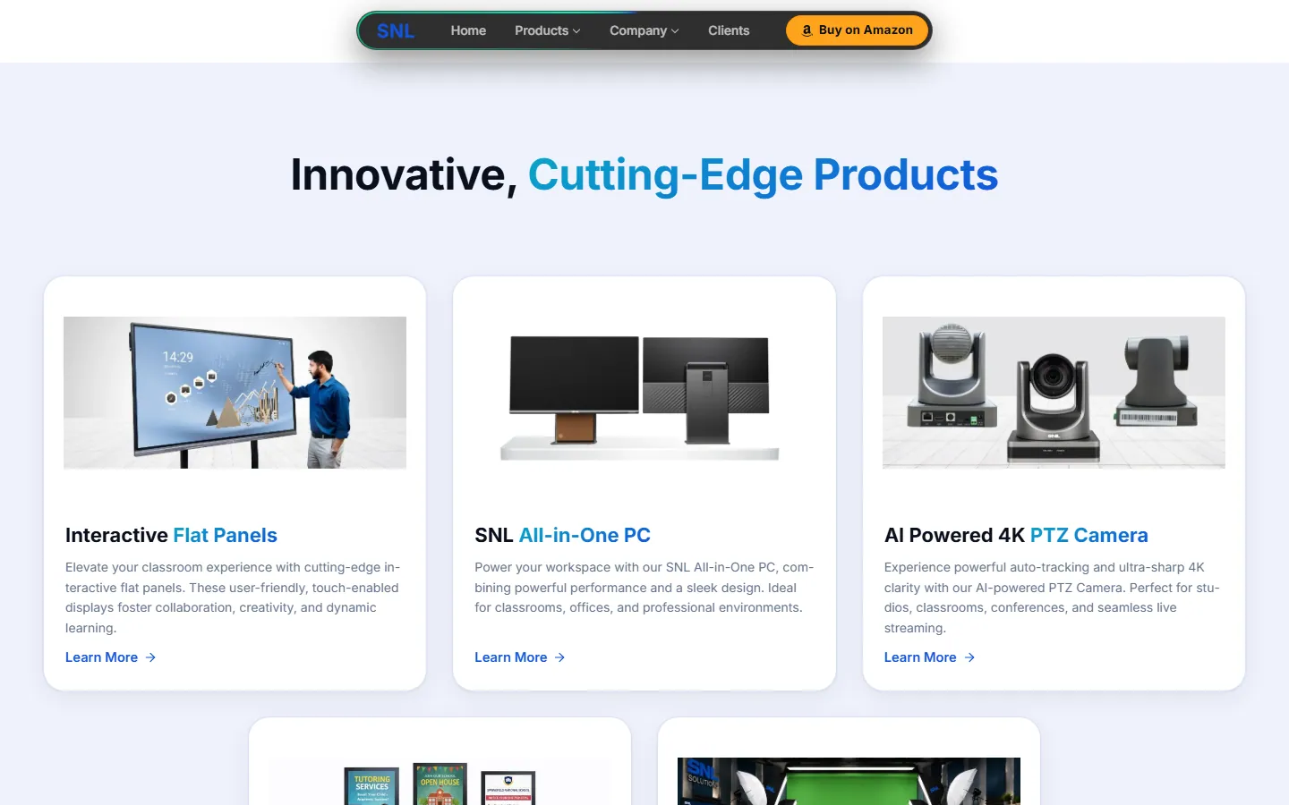 The home page product cards for the flat panel, the all-in-one PC and the PTZ camera