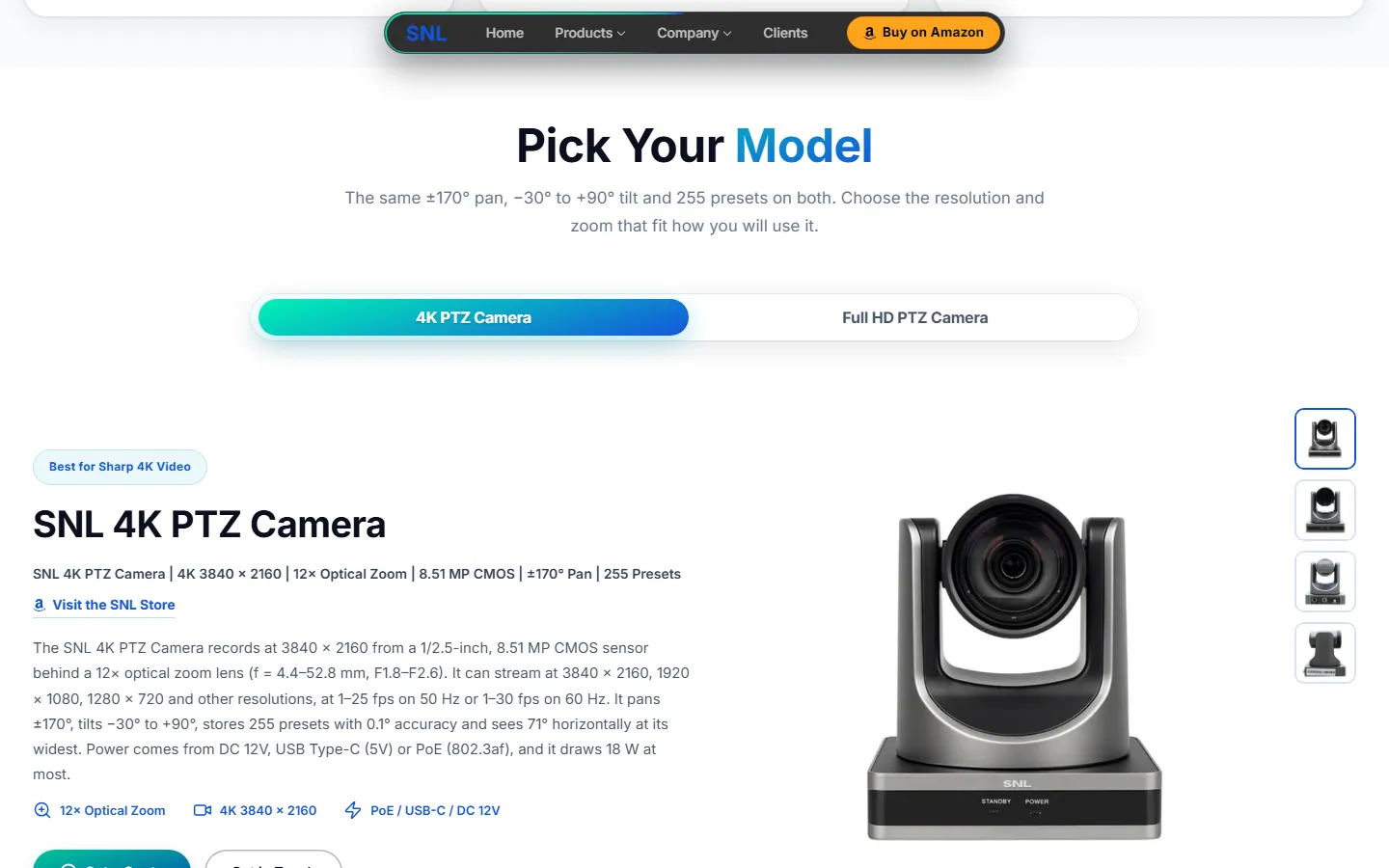 The PTZ camera page with a model picker and the 4K camera shown with its specs line