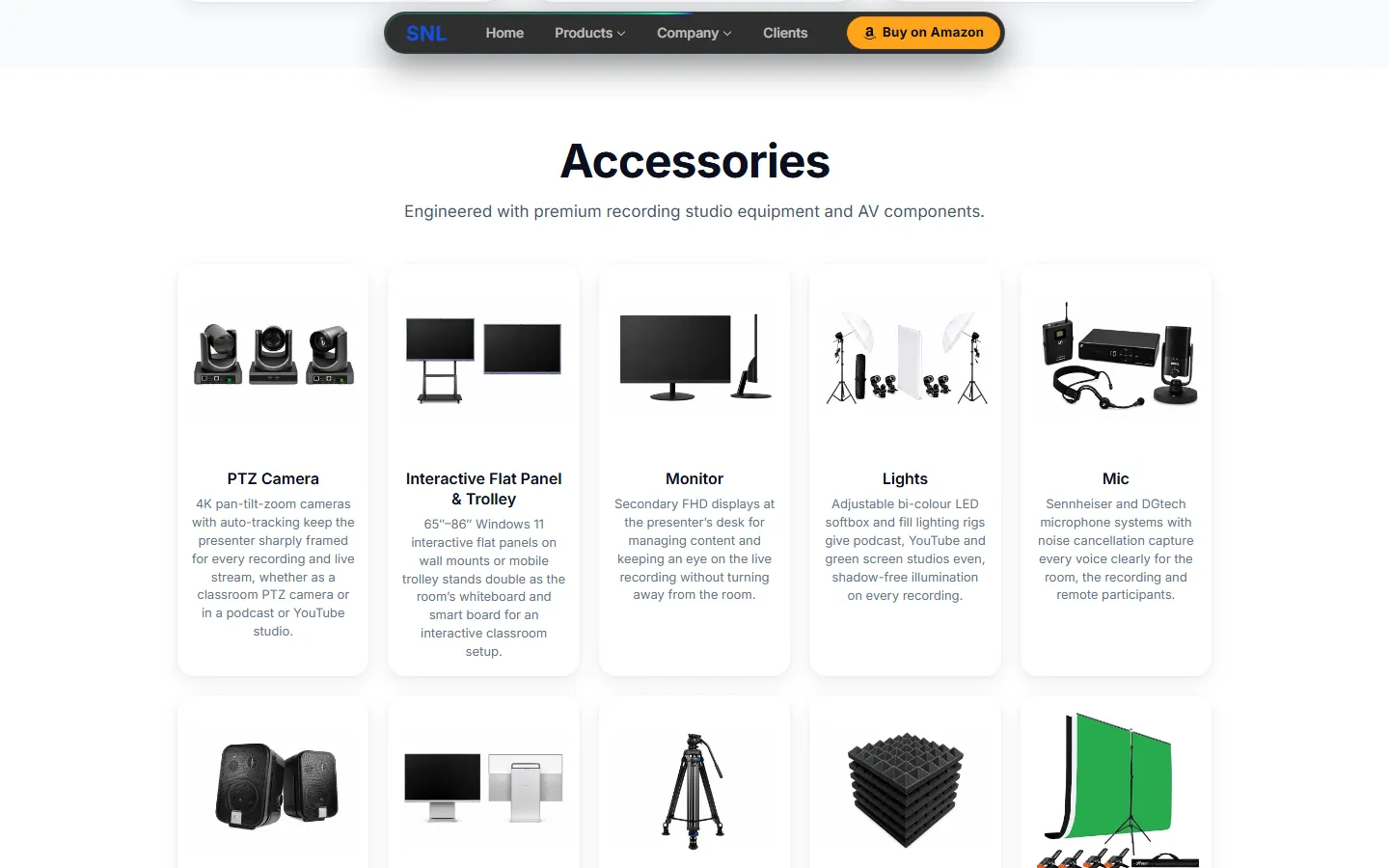 The Studio Setup accessories grid showing cameras, a flat panel and trolley, a monitor, lights and a microphone
