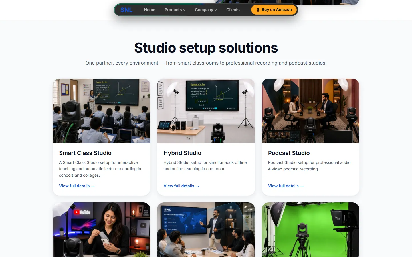 The Studio Setup page with the heading “Studio setup solutions” and cards for the smart class, hybrid and podcast studios