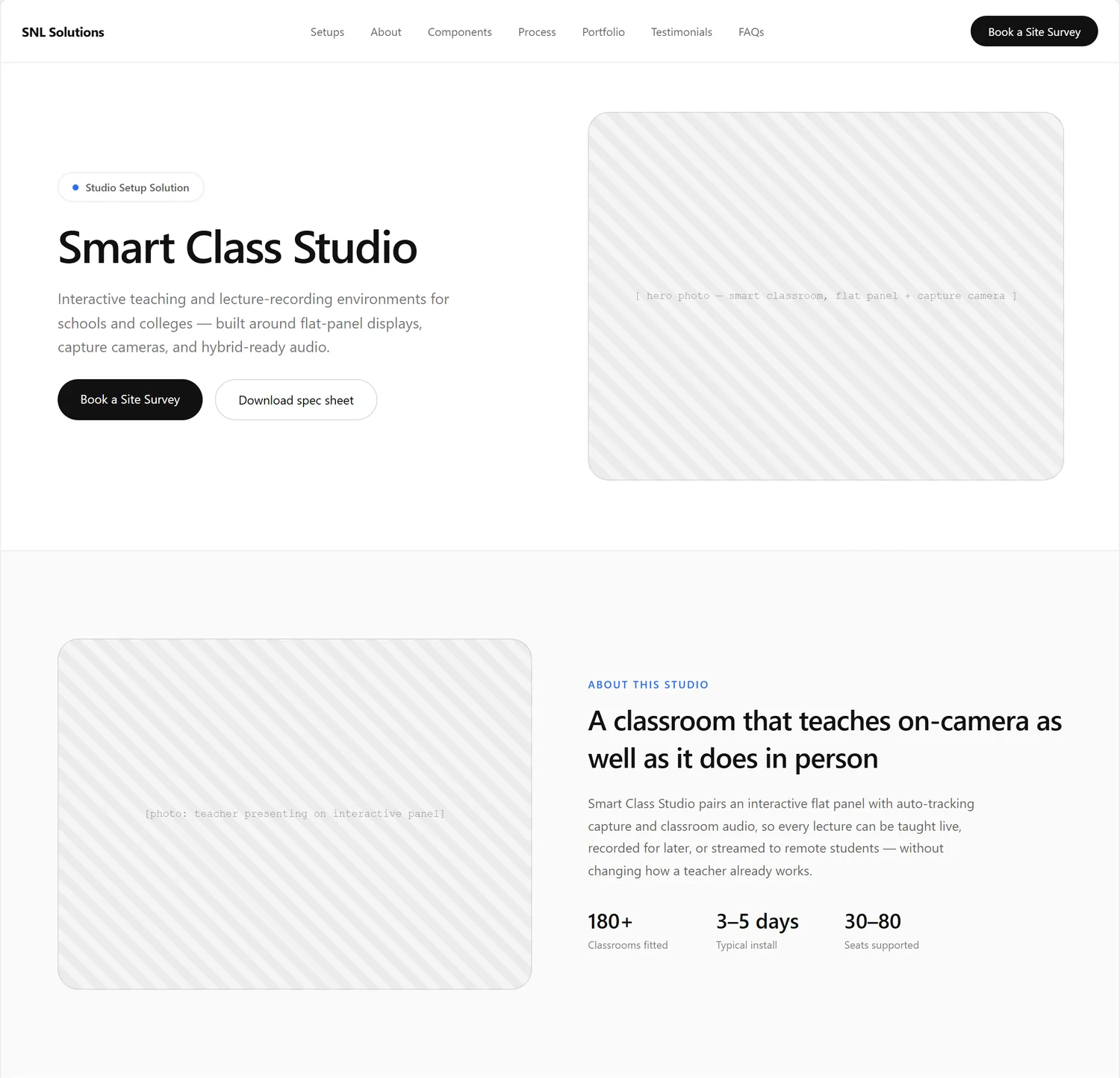 Studio detail page wireframe, desktop, part 1 of 6: Header, headline, hero photo and about the studio