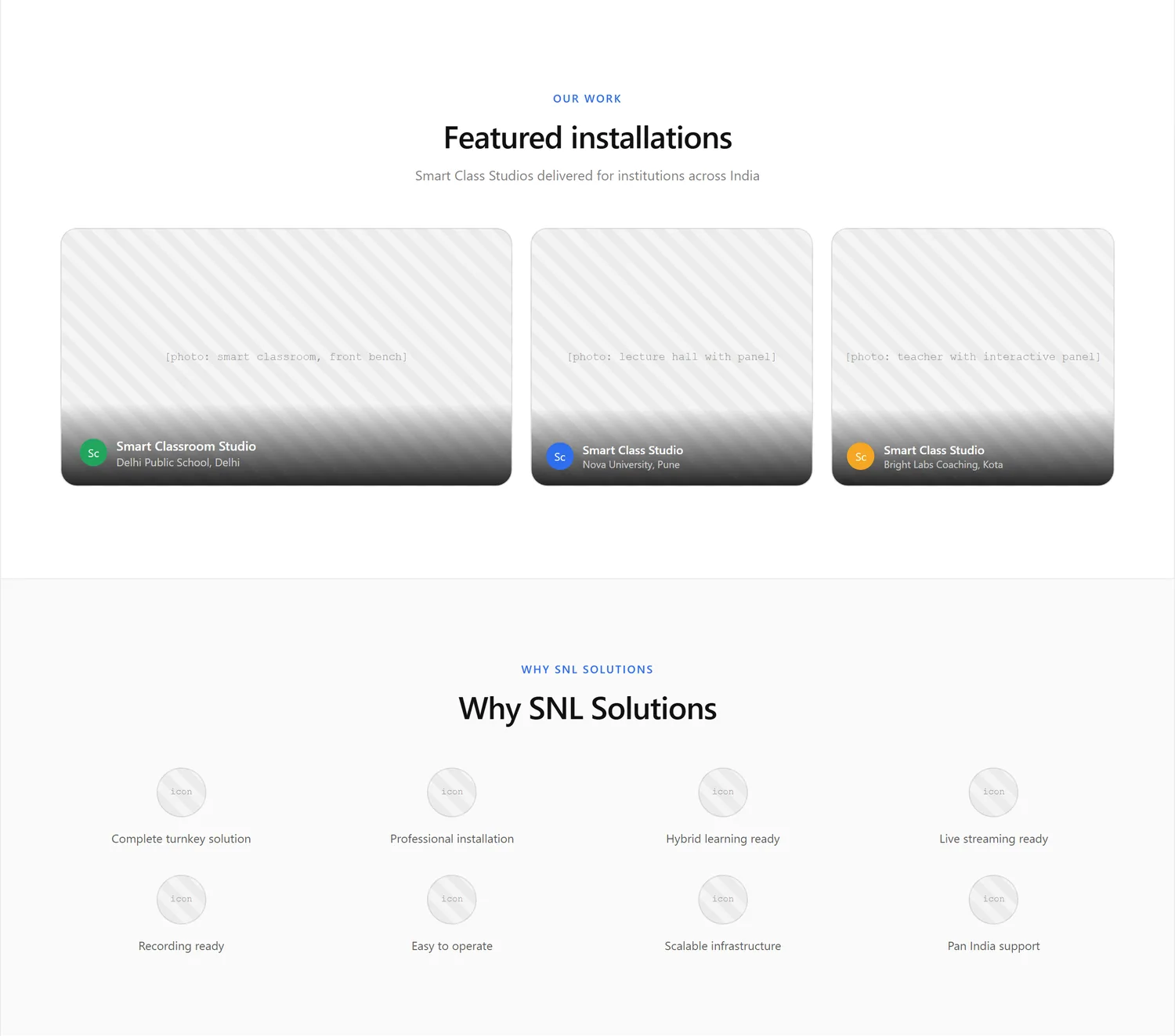 Studio detail page wireframe, desktop, part 5 of 6: Featured installations and why SNL