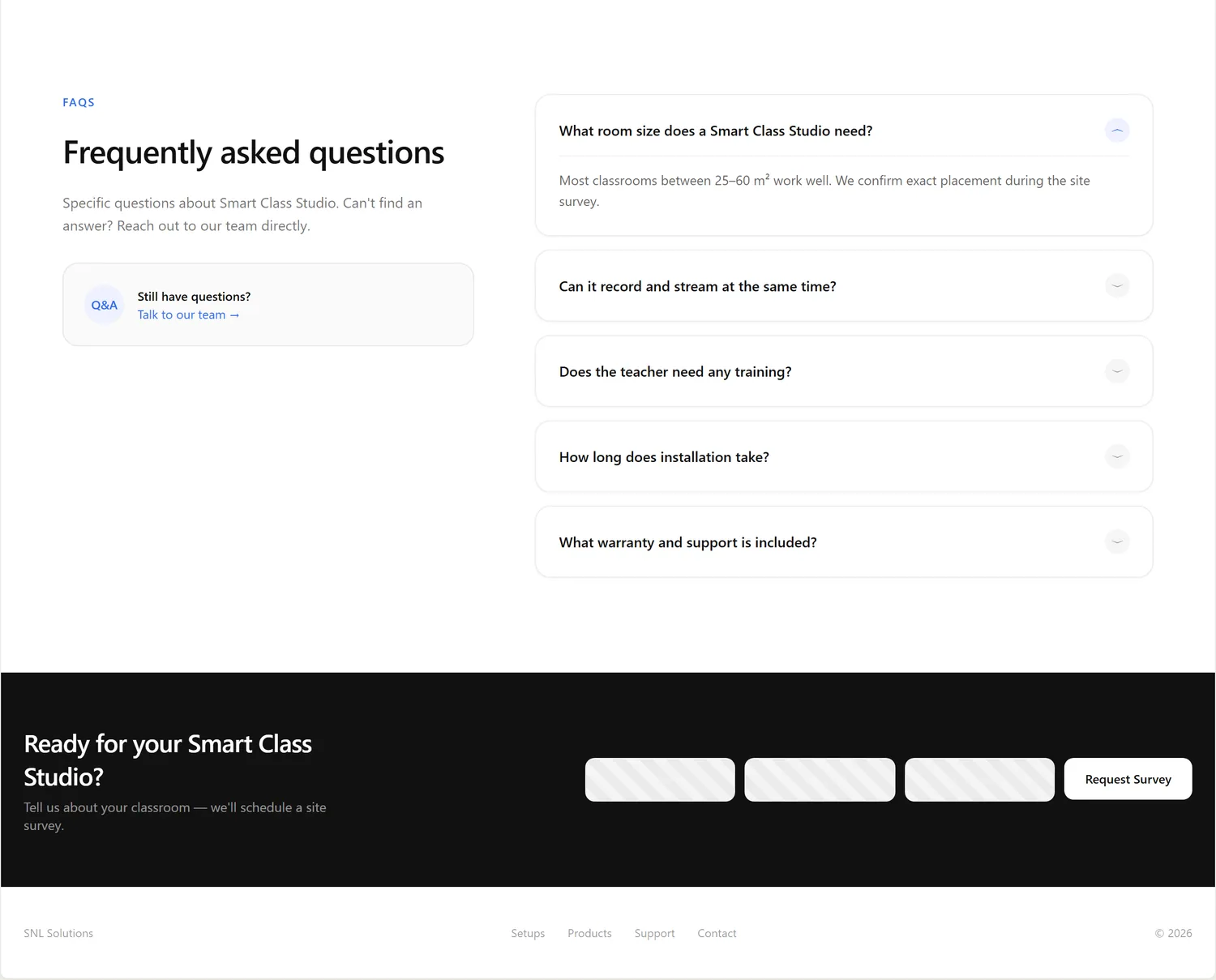 Studio detail page wireframe, desktop, part 6 of 6: Questions, call to action and footer