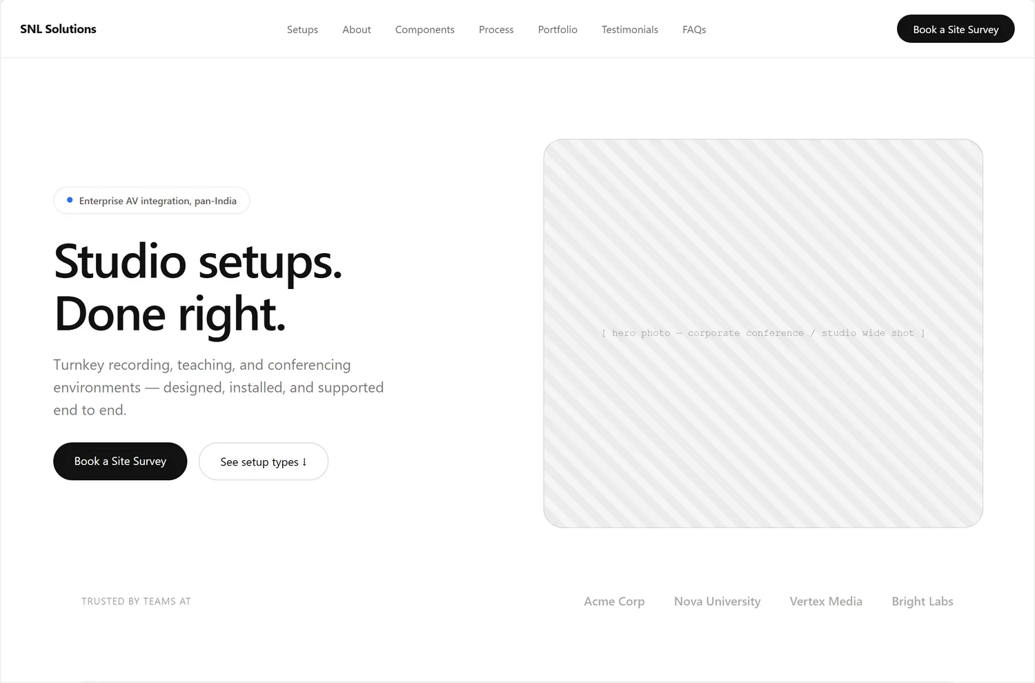 Studio Setup page wireframe, desktop, part 1 of 7: Header, headline and hero photo