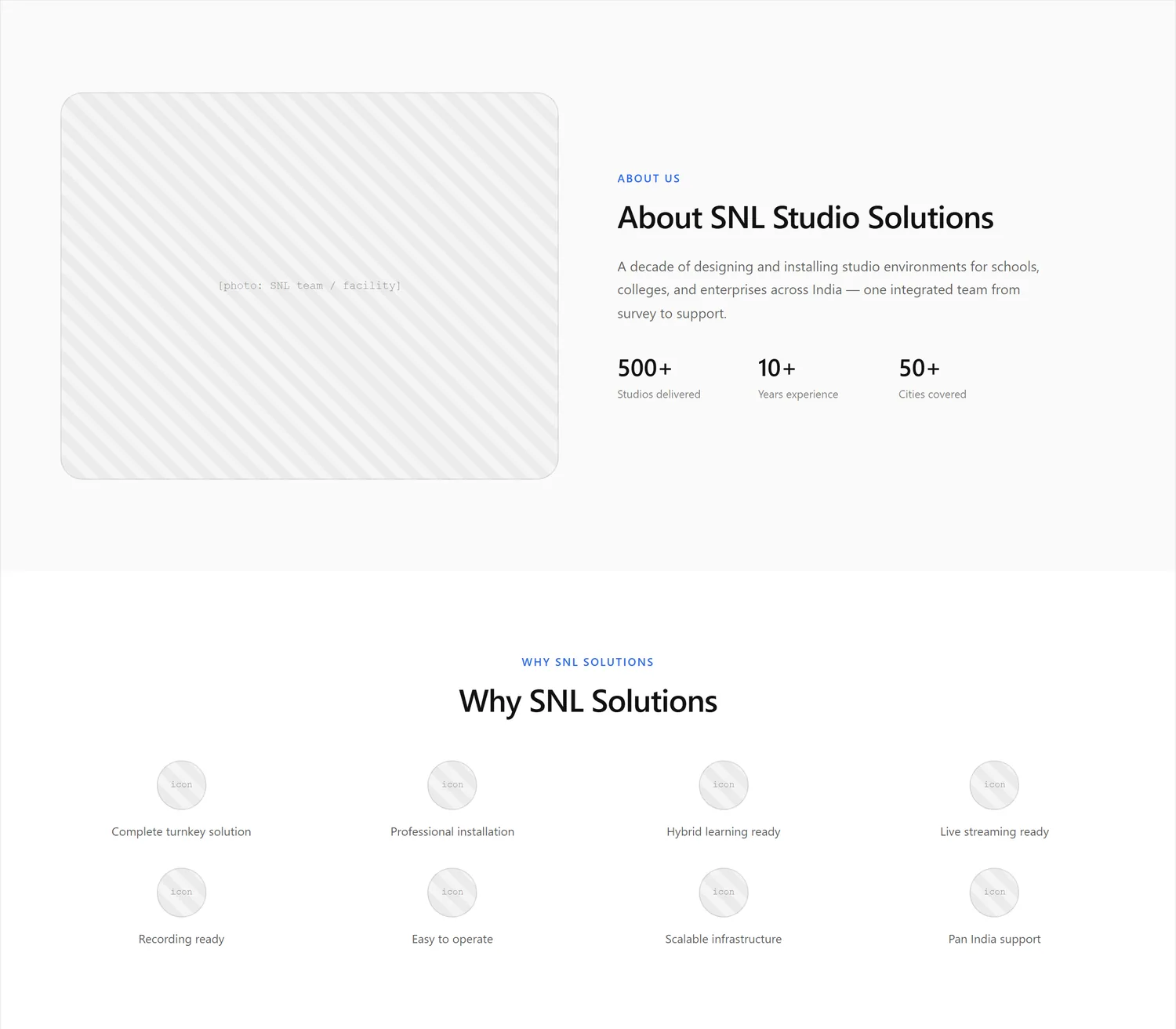 Studio Setup page wireframe, desktop, part 3 of 7: About SNL and why choose SNL