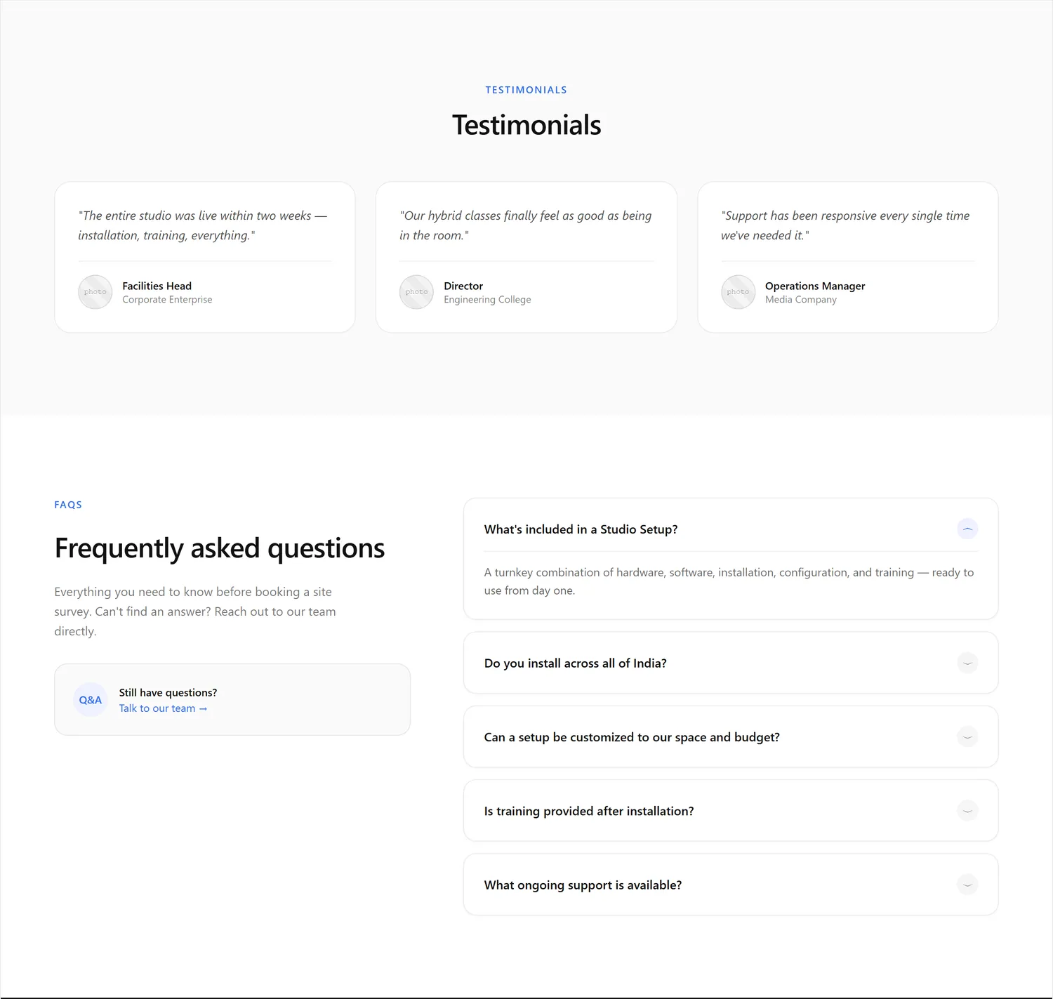 Studio Setup page wireframe, desktop, part 6 of 7: Testimonials and questions