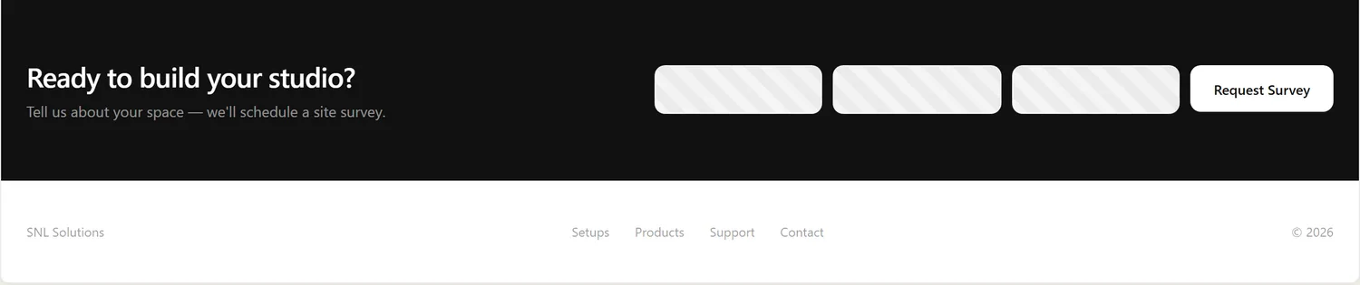 Studio Setup page wireframe, desktop, part 7 of 7: Call to action and footer