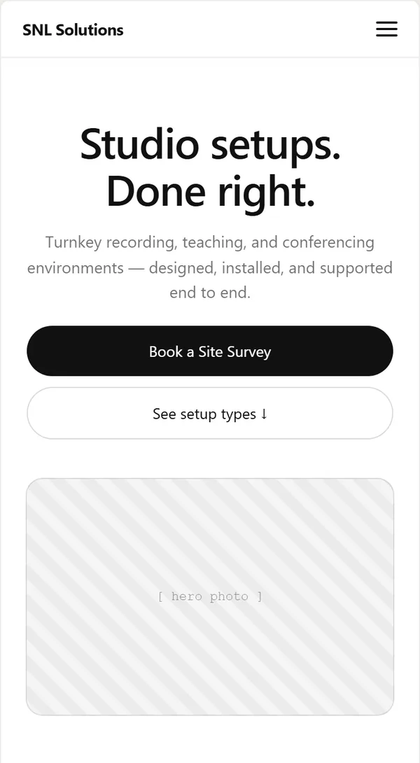 Studio Setup page wireframe, mobile, part 1 of 7: Header, headline and hero photo