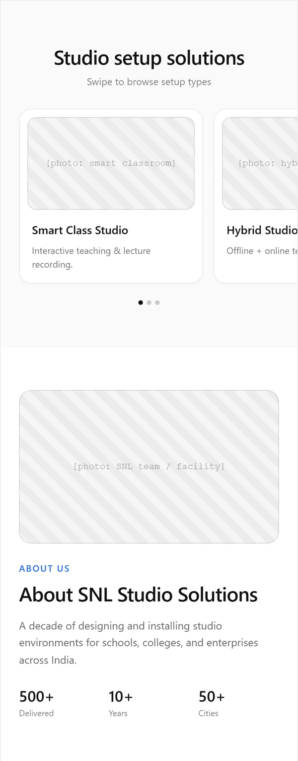 Studio Setup page wireframe, mobile, part 2 of 7: The six studio cards and About SNL