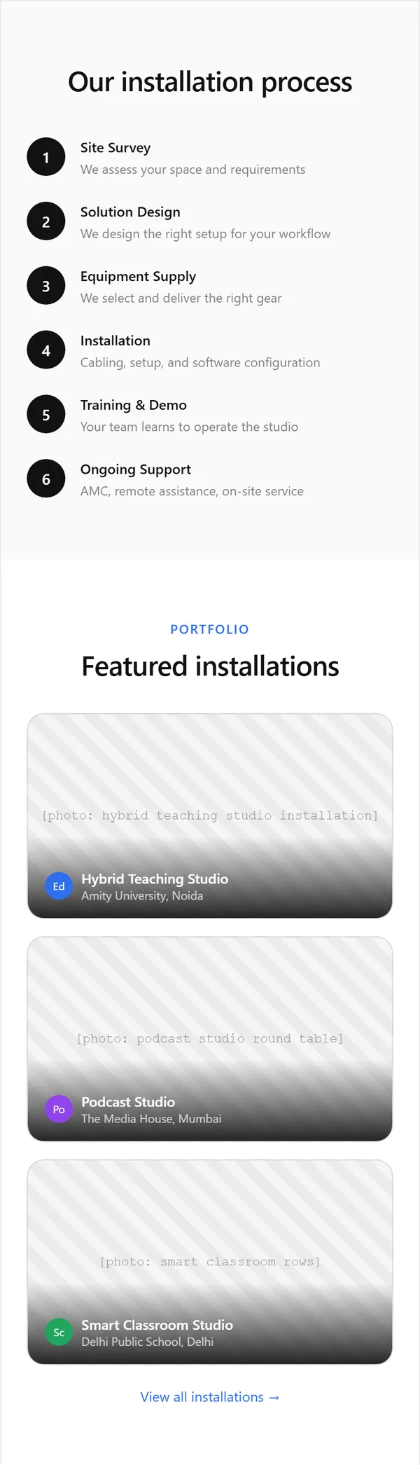 Studio Setup page wireframe, mobile, part 5 of 7: Installation process and featured installations