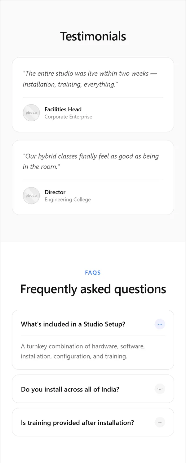 Studio Setup page wireframe, mobile, part 6 of 7: Testimonials and questions