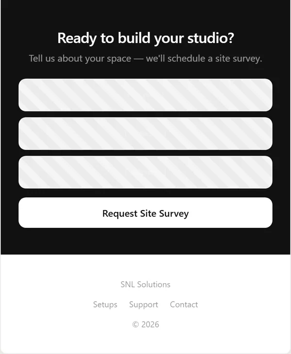 Studio Setup page wireframe, mobile, part 7 of 7: Call to action and footer