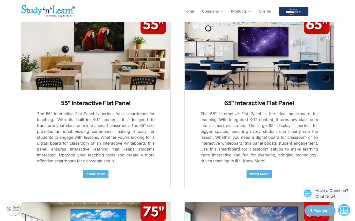 The earlier flat panel page: each size is a card with a Know More button, an Amazon.in badge in the header, and chat and payment bubbles floating on the side
