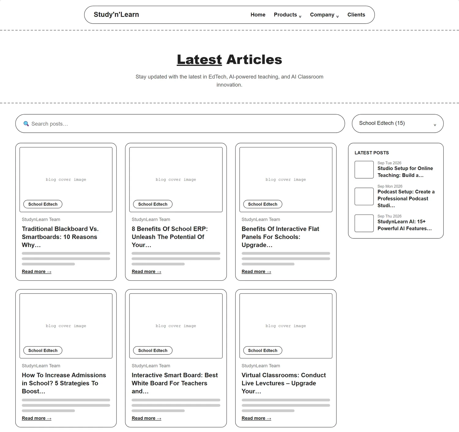 Blogs page wireframe, Level 1, desktop, part 1 of 3: Header, title, search and filter, first two rows of articles, latest posts