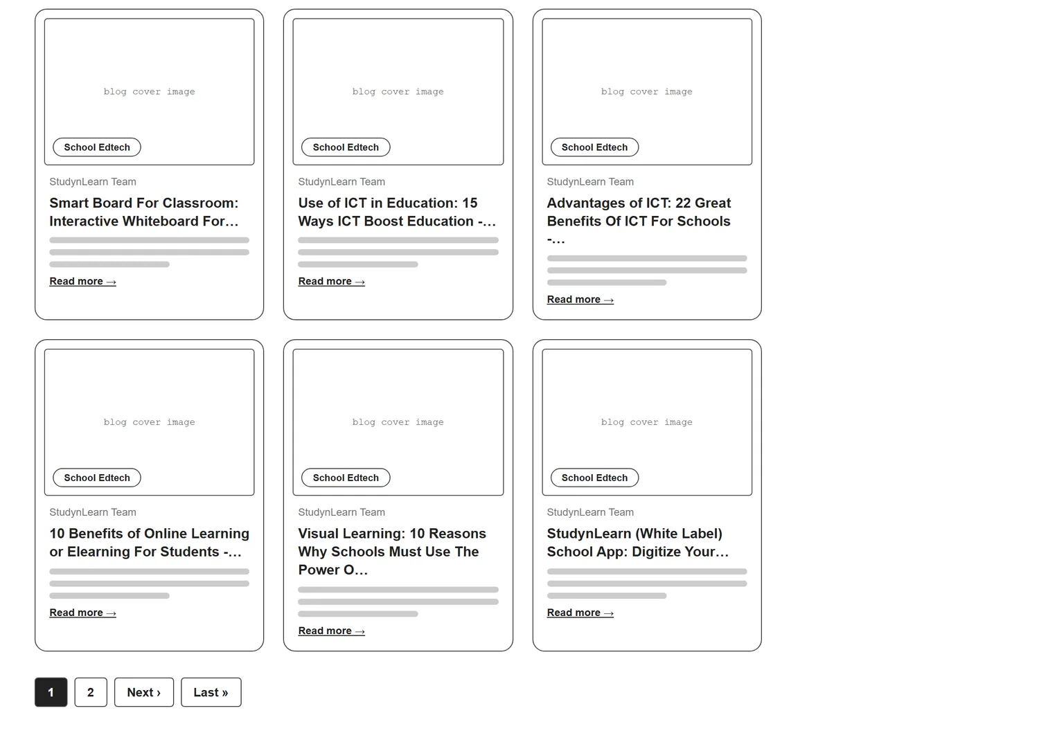 Blogs page wireframe, Level 1, desktop, part 2 of 3: Last two rows of articles and page numbers