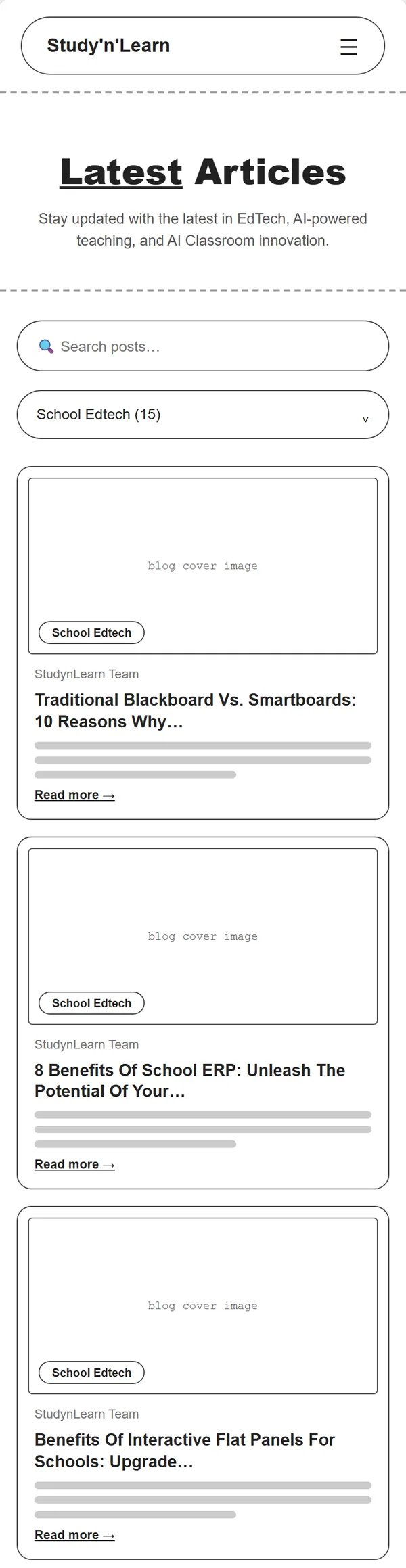 Blogs page wireframe, Level 1, mobile, part 1 of 5: Header, title, search and filter, first three articles