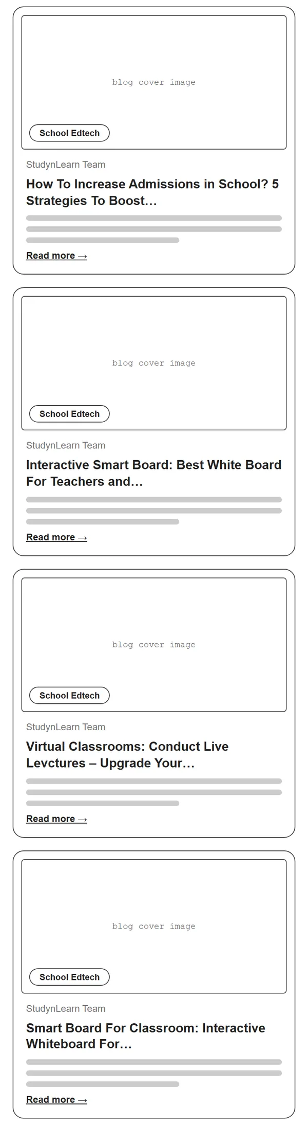Blogs page wireframe, Level 1, mobile, part 2 of 5: Articles 4 to 7