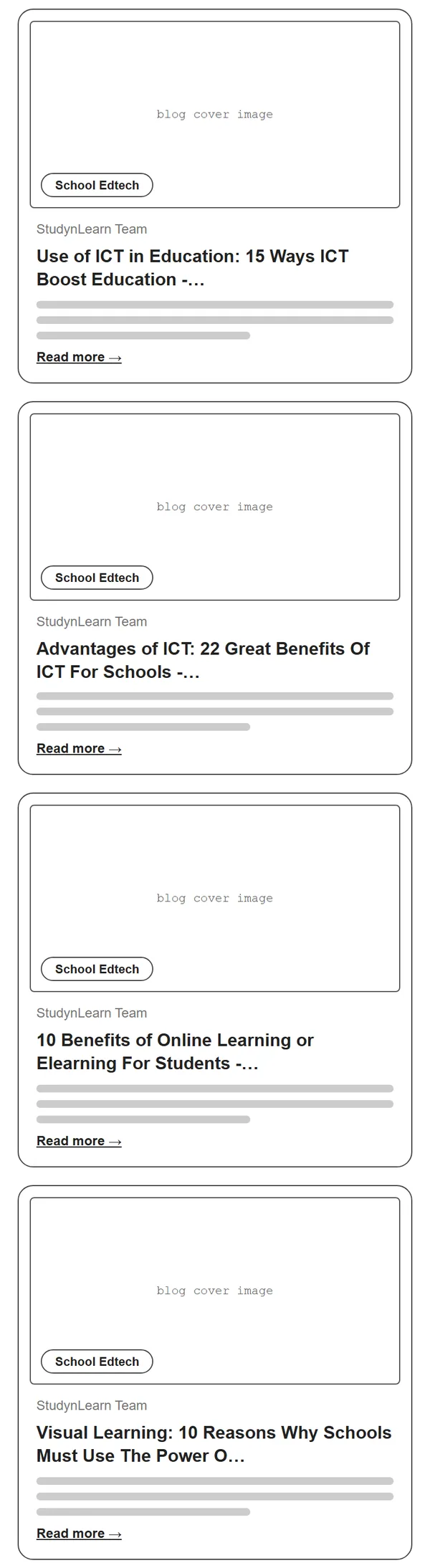 Blogs page wireframe, Level 1, mobile, part 3 of 5: Articles 8 to 11