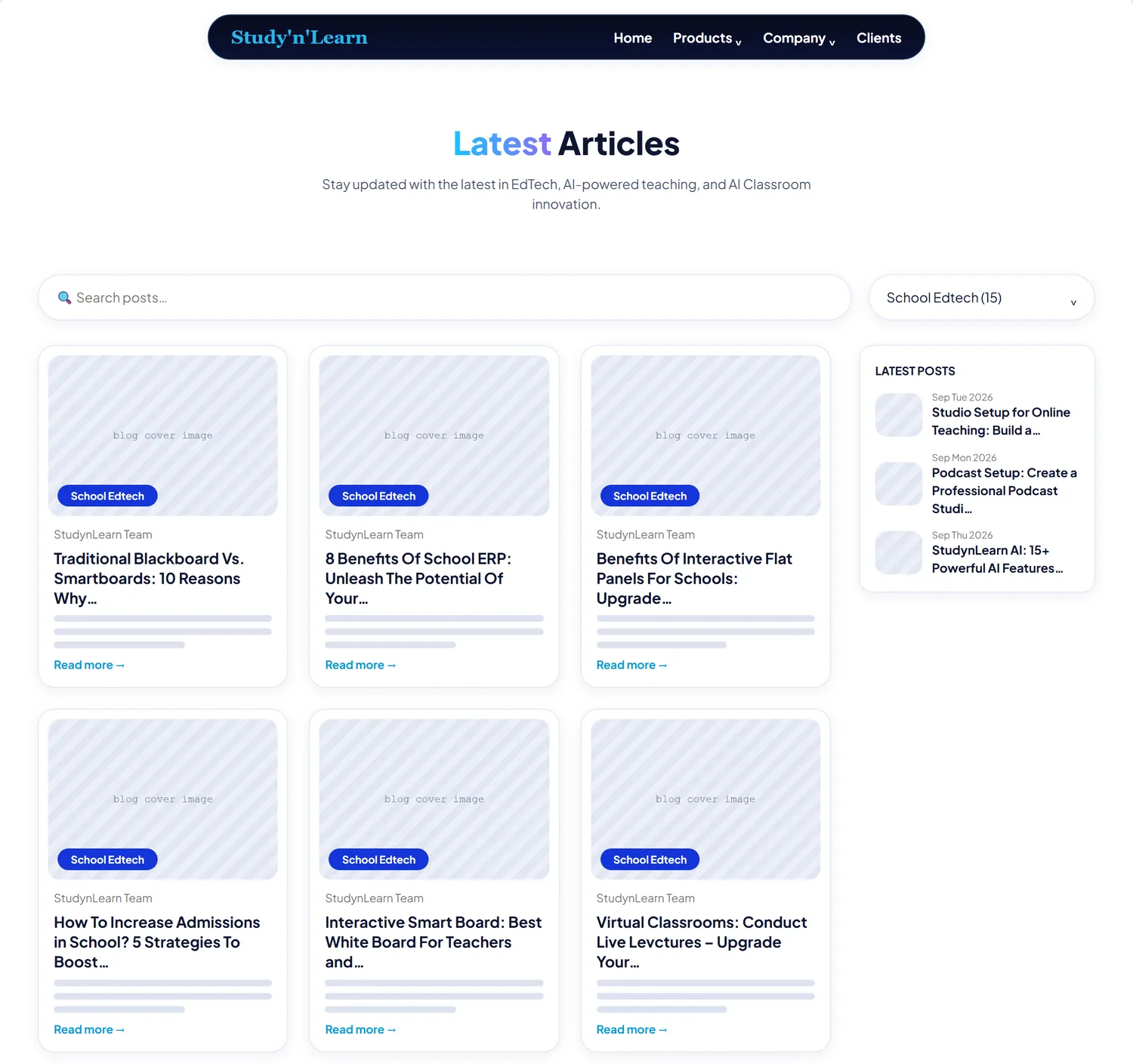 Blogs page wireframe, Level 2, desktop, part 1 of 3: Header, title, search and filter, first two rows of articles, latest posts