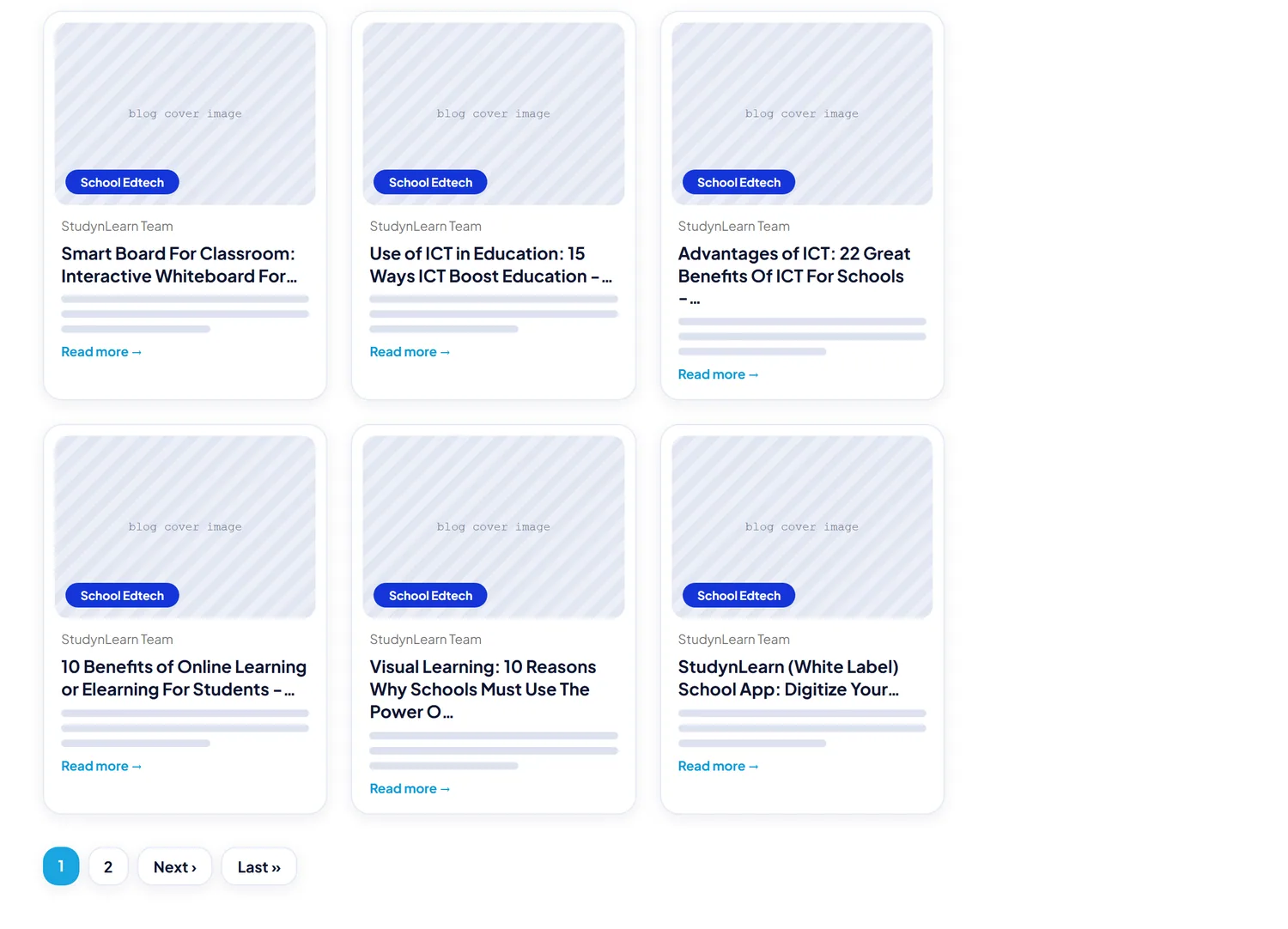 Blogs page wireframe, Level 2, desktop, part 2 of 3: Last two rows of articles and page numbers