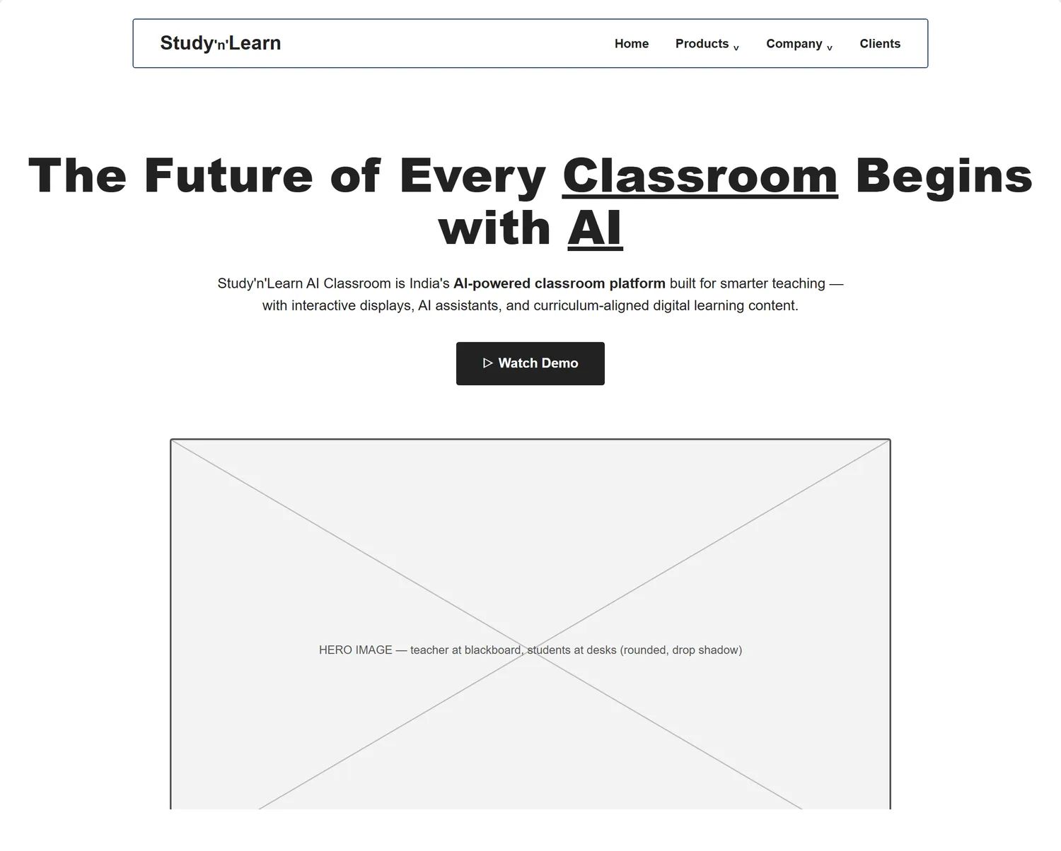 Home page wireframe, Level 1, desktop, part 1 of 11: Header, headline and hero image