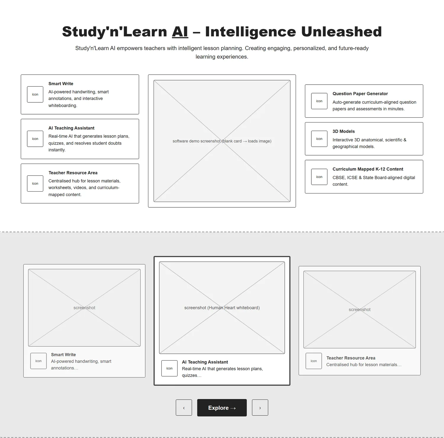 Home page wireframe, Level 1, desktop, part 3 of 11: AI features and carousel