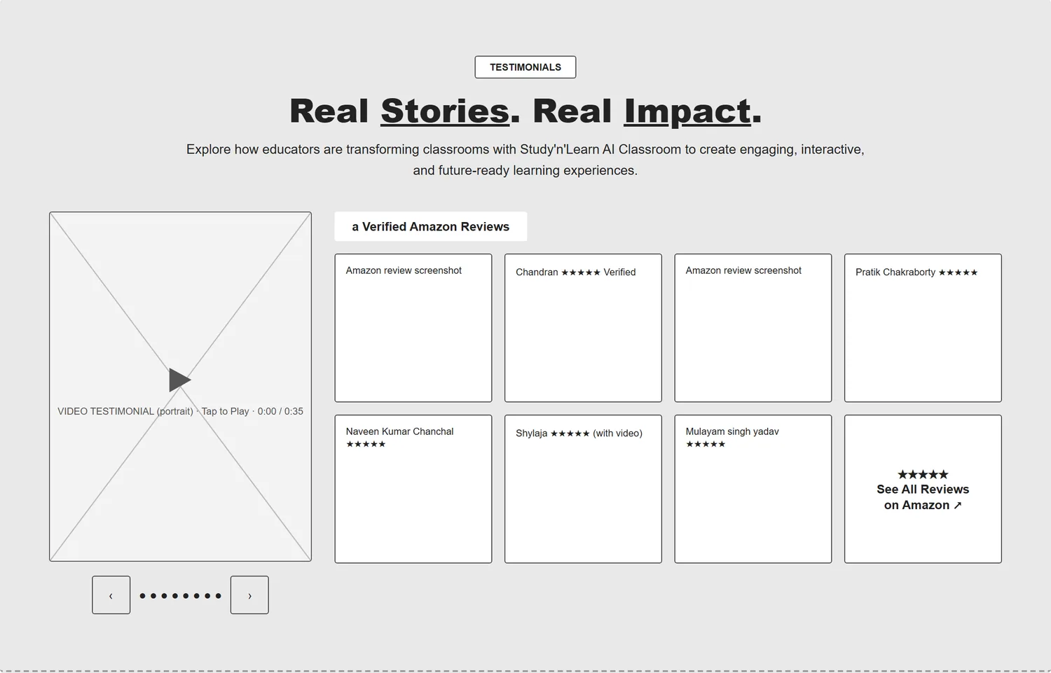 Home page wireframe, Level 1, desktop, part 8 of 11: Testimonials and Amazon reviews