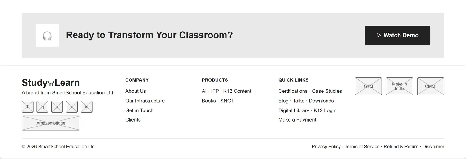 Home page wireframe, Level 1, desktop, part 11 of 11: Call to action and footer