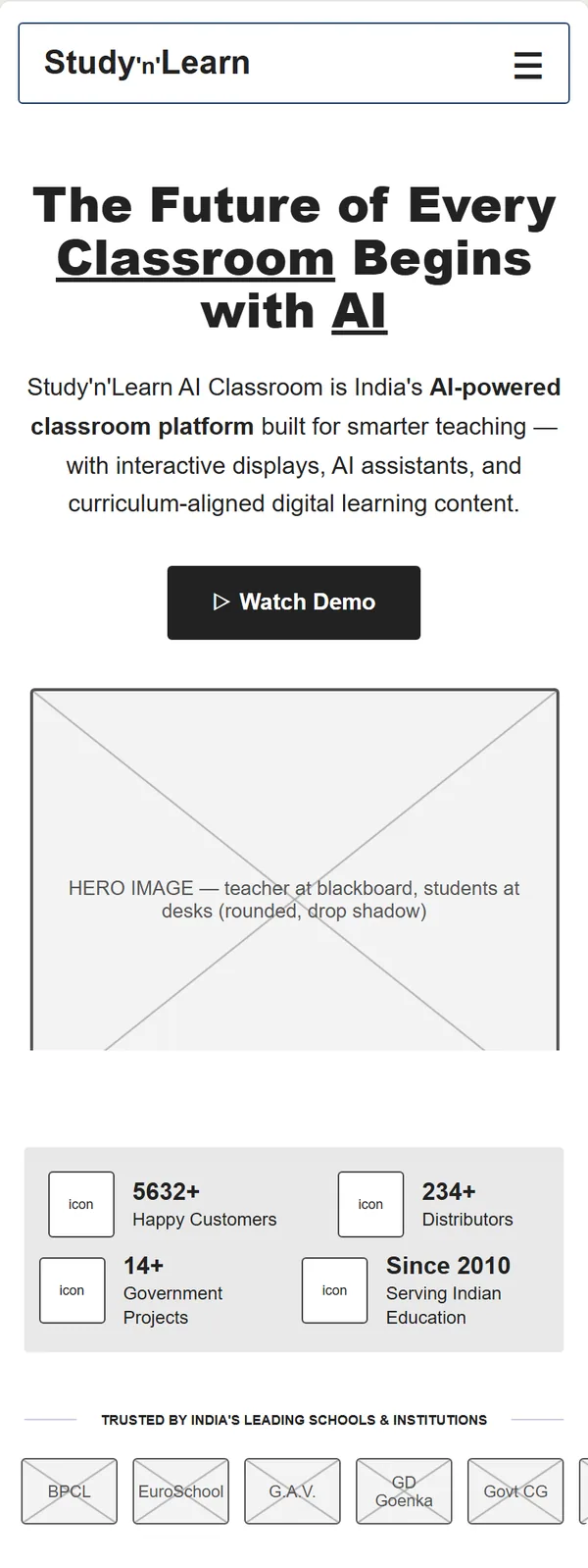 Home page wireframe, Level 1, mobile, part 1 of 11: Header, headline, hero image, numbers and school logos