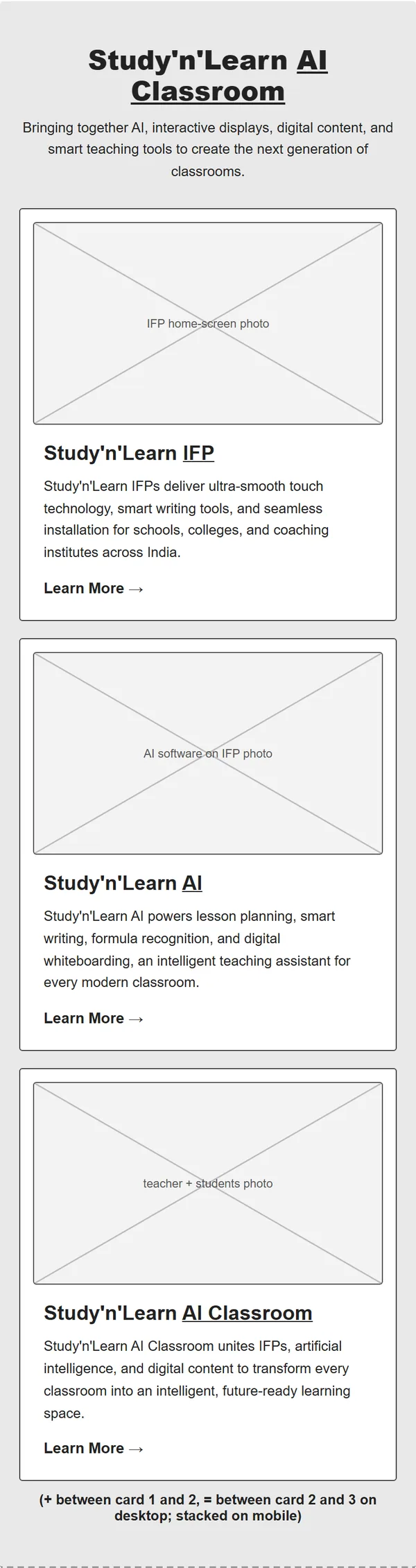 Home page wireframe, Level 1, mobile, part 2 of 11: AI Classroom cards
