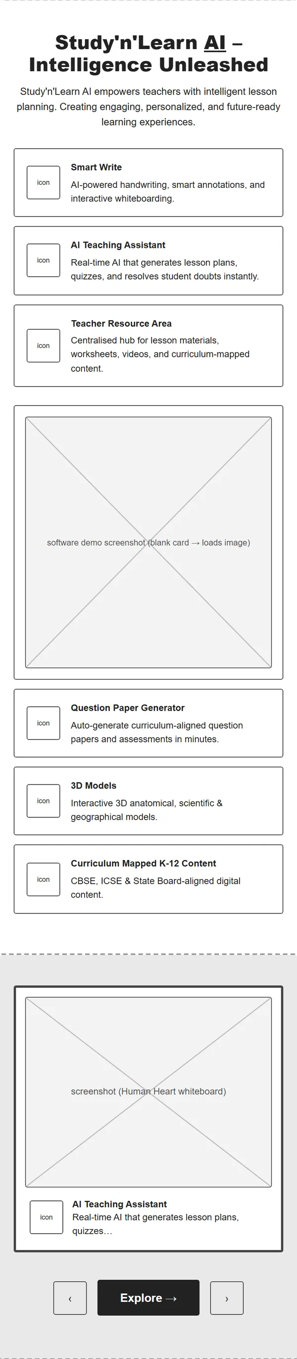 Home page wireframe, Level 1, mobile, part 3 of 11: AI features and carousel