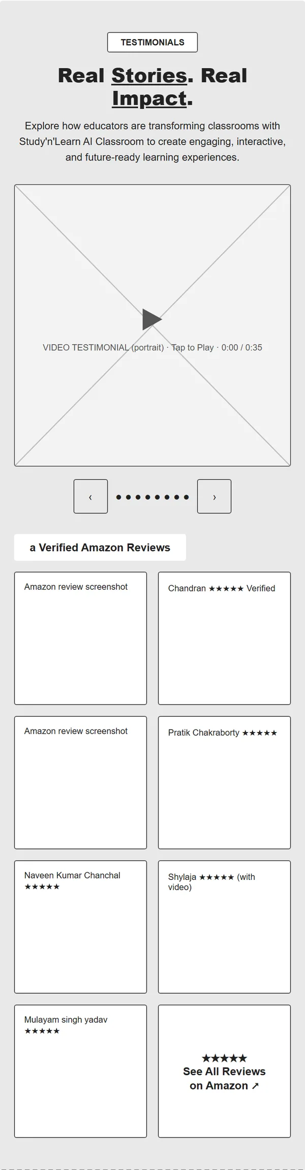 Home page wireframe, Level 1, mobile, part 8 of 11: Testimonials and Amazon reviews