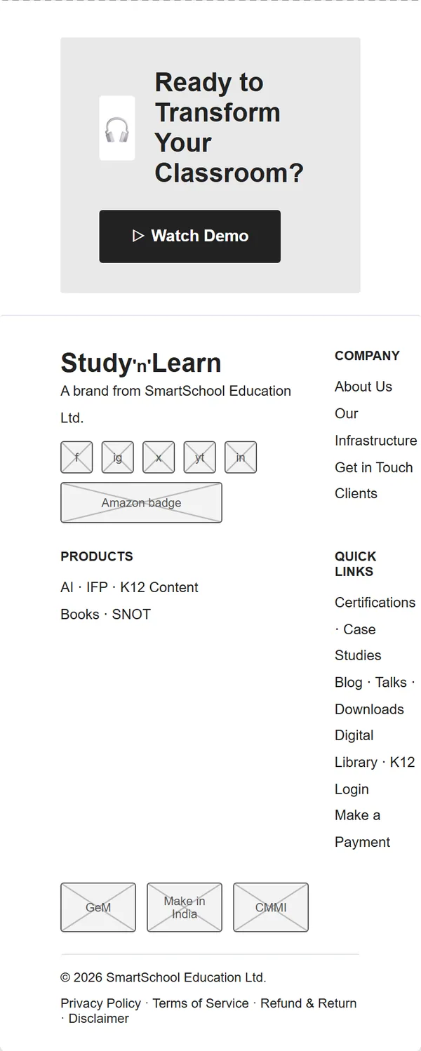 Home page wireframe, Level 1, mobile, part 11 of 11: Call to action and footer