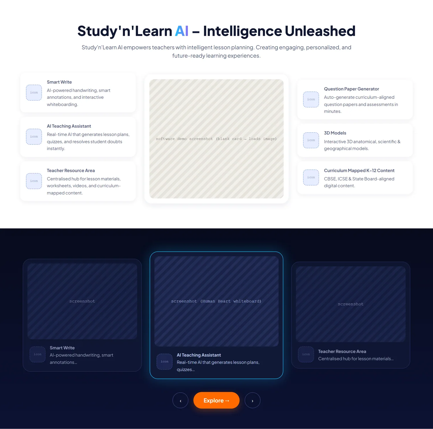 Home page wireframe, Level 2, desktop, part 3 of 11: AI features and carousel