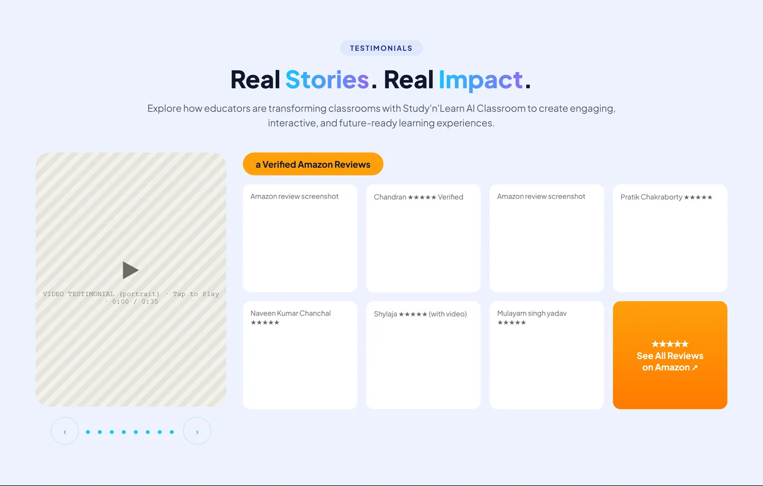 Home page wireframe, Level 2, desktop, part 8 of 11: Testimonials and Amazon reviews