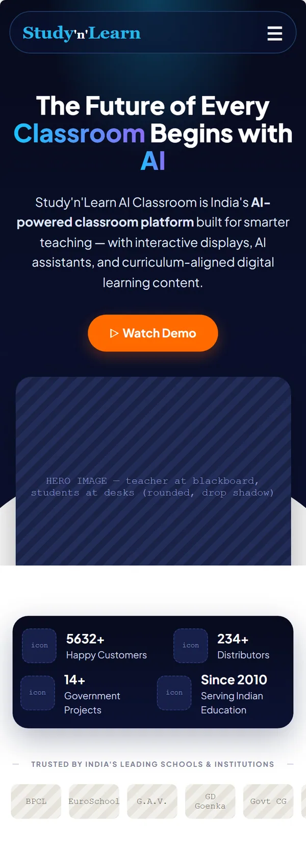 Home page wireframe, Level 2, mobile, part 1 of 11: Header, headline, hero image, numbers and school logos