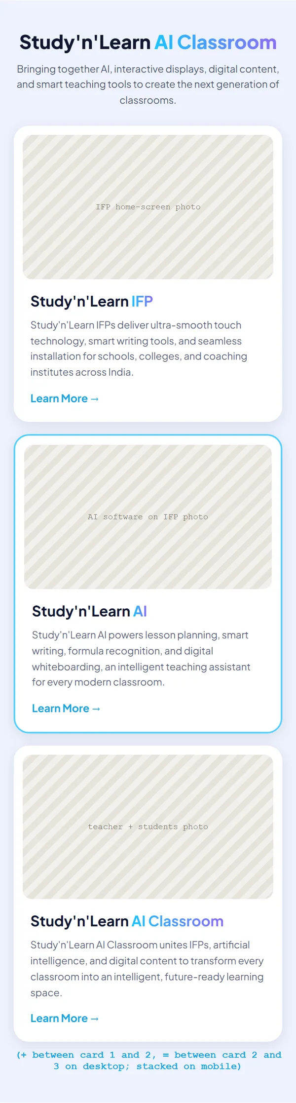 Home page wireframe, Level 2, mobile, part 2 of 11: AI Classroom cards