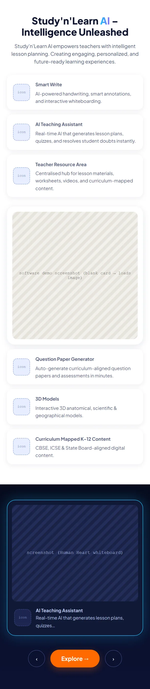 Home page wireframe, Level 2, mobile, part 3 of 11: AI features and carousel