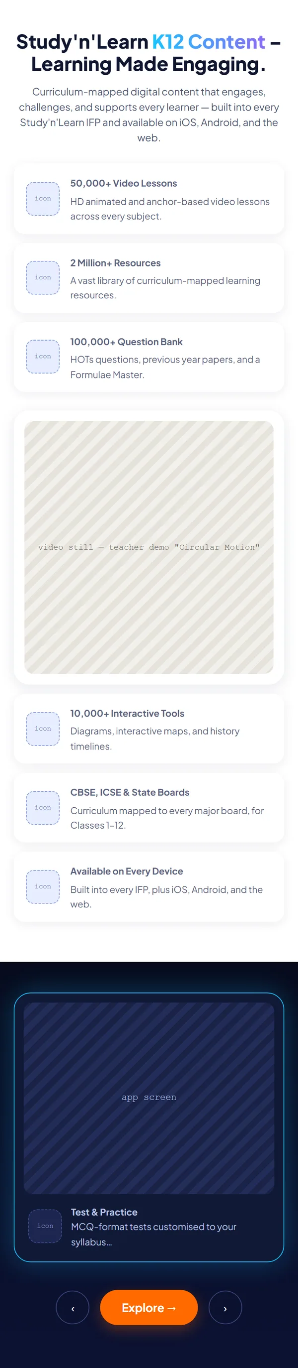 Home page wireframe, Level 2, mobile, part 5 of 11: K12 content features and carousel