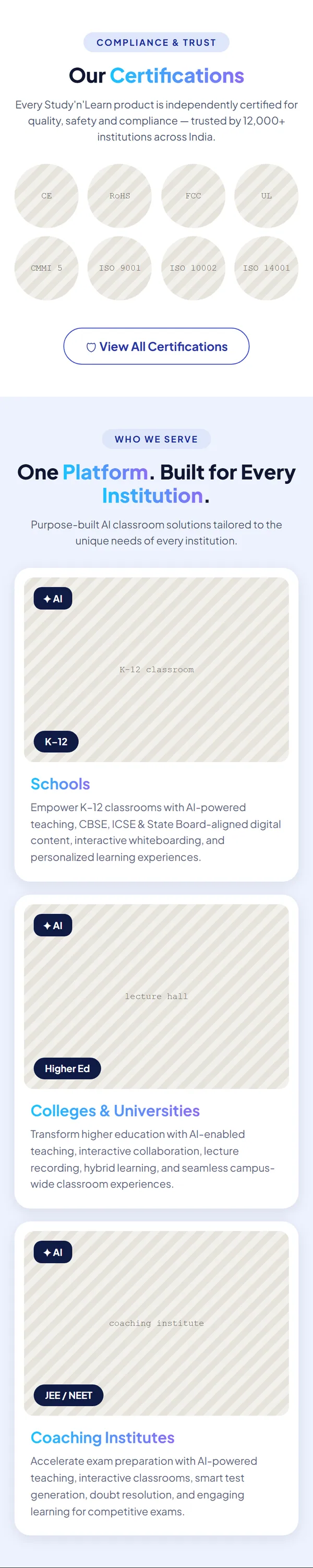 Home page wireframe, Level 2, mobile, part 6 of 11: Certifications and who the platform serves