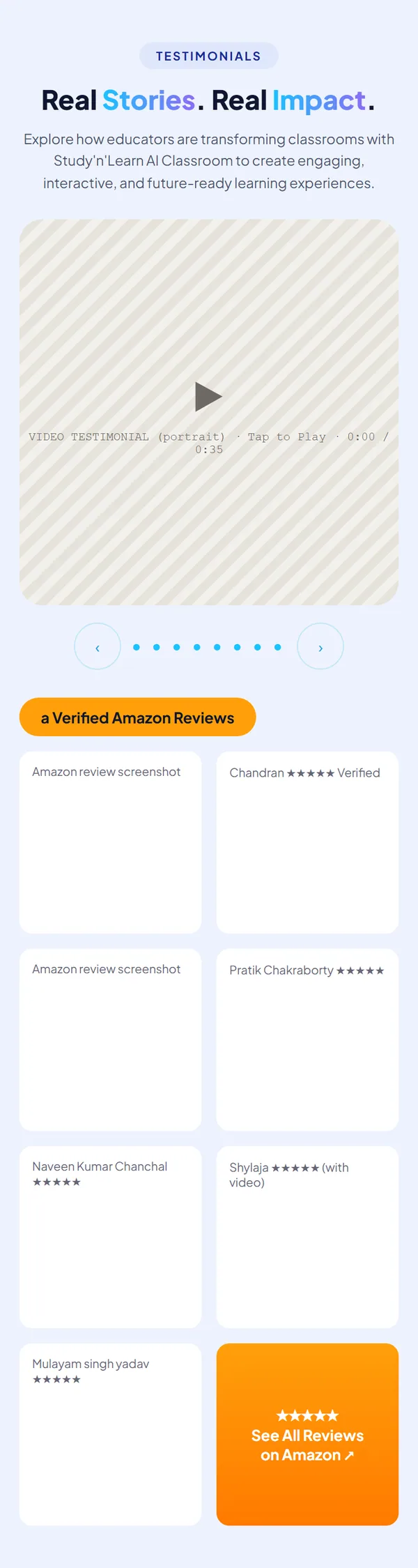 Home page wireframe, Level 2, mobile, part 8 of 11: Testimonials and Amazon reviews