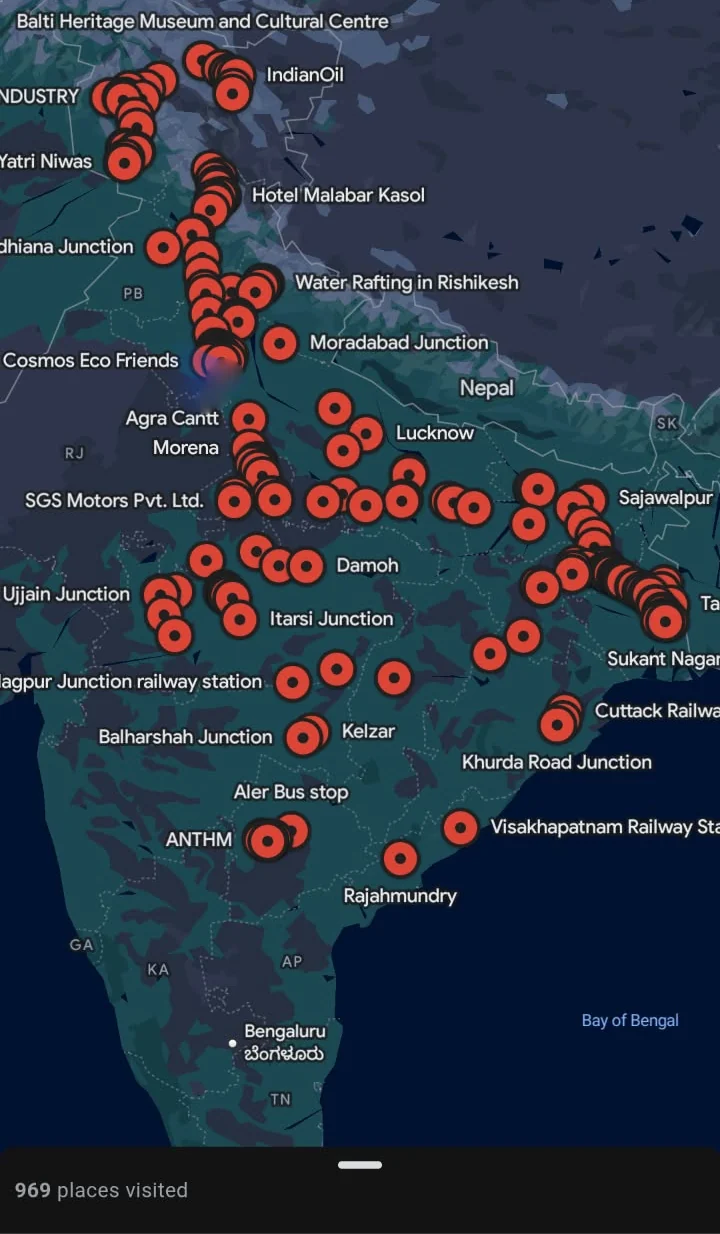 Travel timeline map showing locations visited across India, with 969 places visited.
